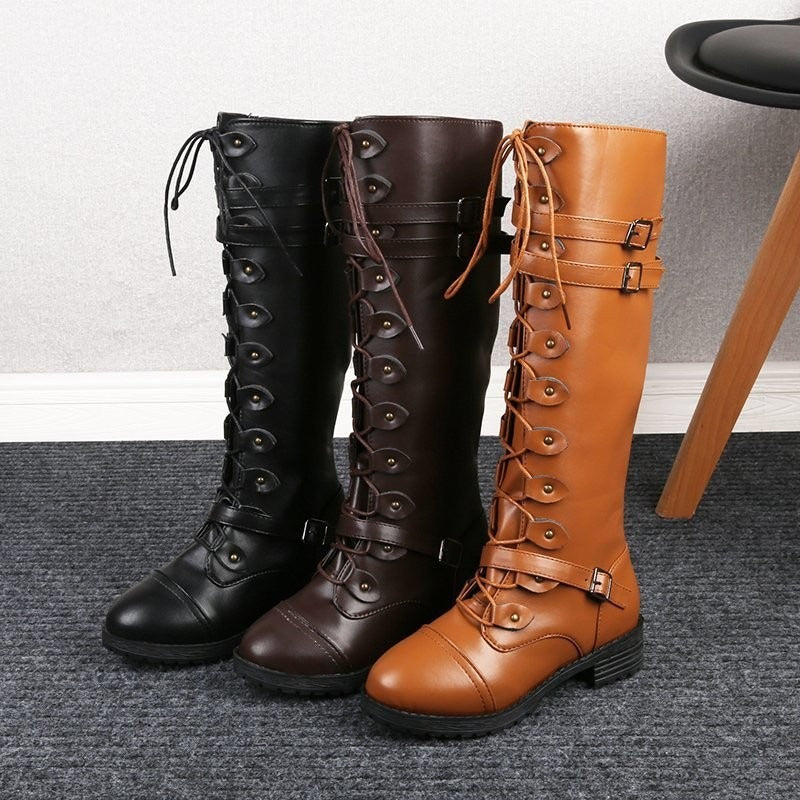 New oversized knight boots for women in autumn and winter, new round head rivet belt buckle square heel boots