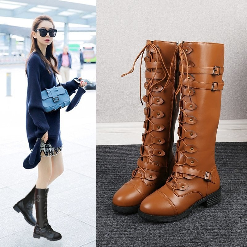 New oversized knight boots for women in autumn and winter, new round head rivet belt buckle square heel boots