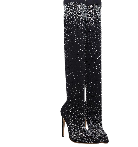 Crystal Stretch Fabric Thigh High Boots