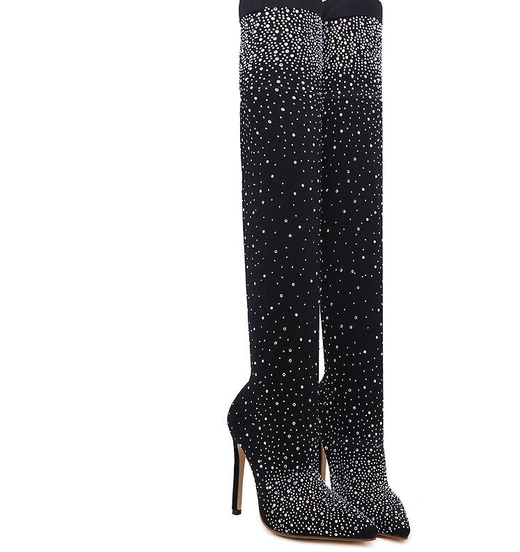 Crystal Stretch Fabric Thigh High Boots