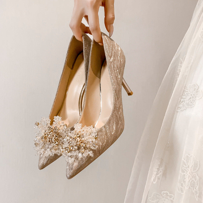 Sequins High Heels with Crystal Flowers