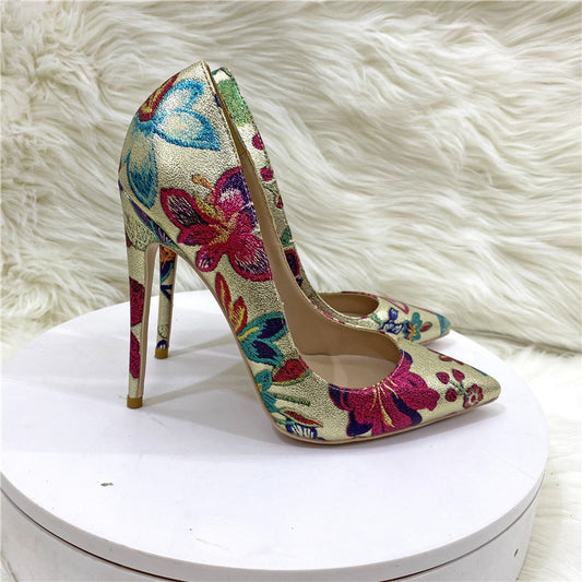 Gold Floral Print Heels