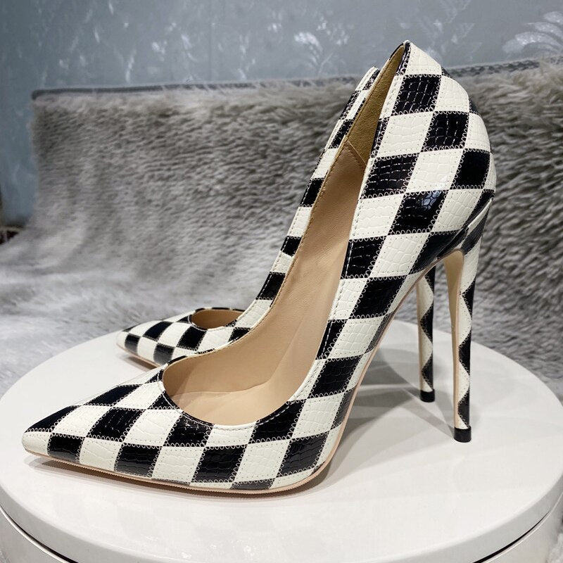 Black White Crocodile High Heel Shoes