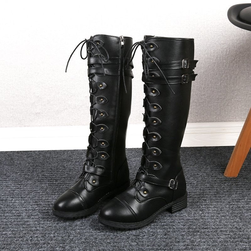 New oversized knight boots for women in autumn and winter, new round head rivet belt buckle square heel boots