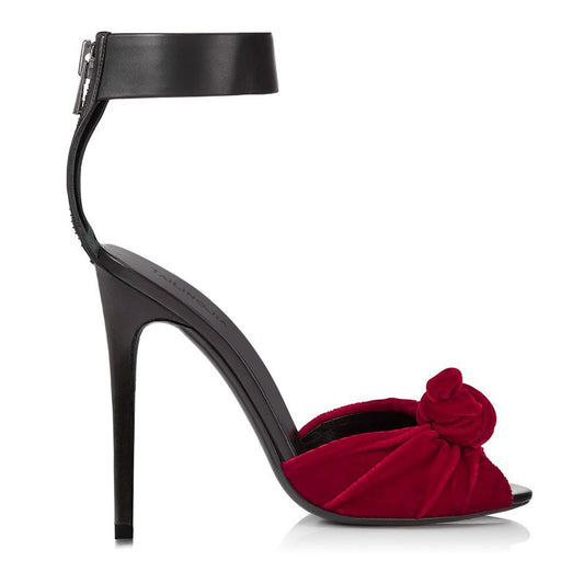 Red & Black Velvet Knotted High Heels Sandals