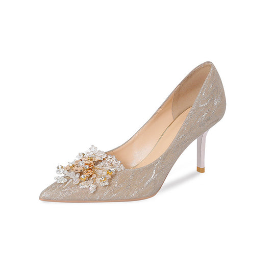 Sequins High Heels with Crystal Flowers